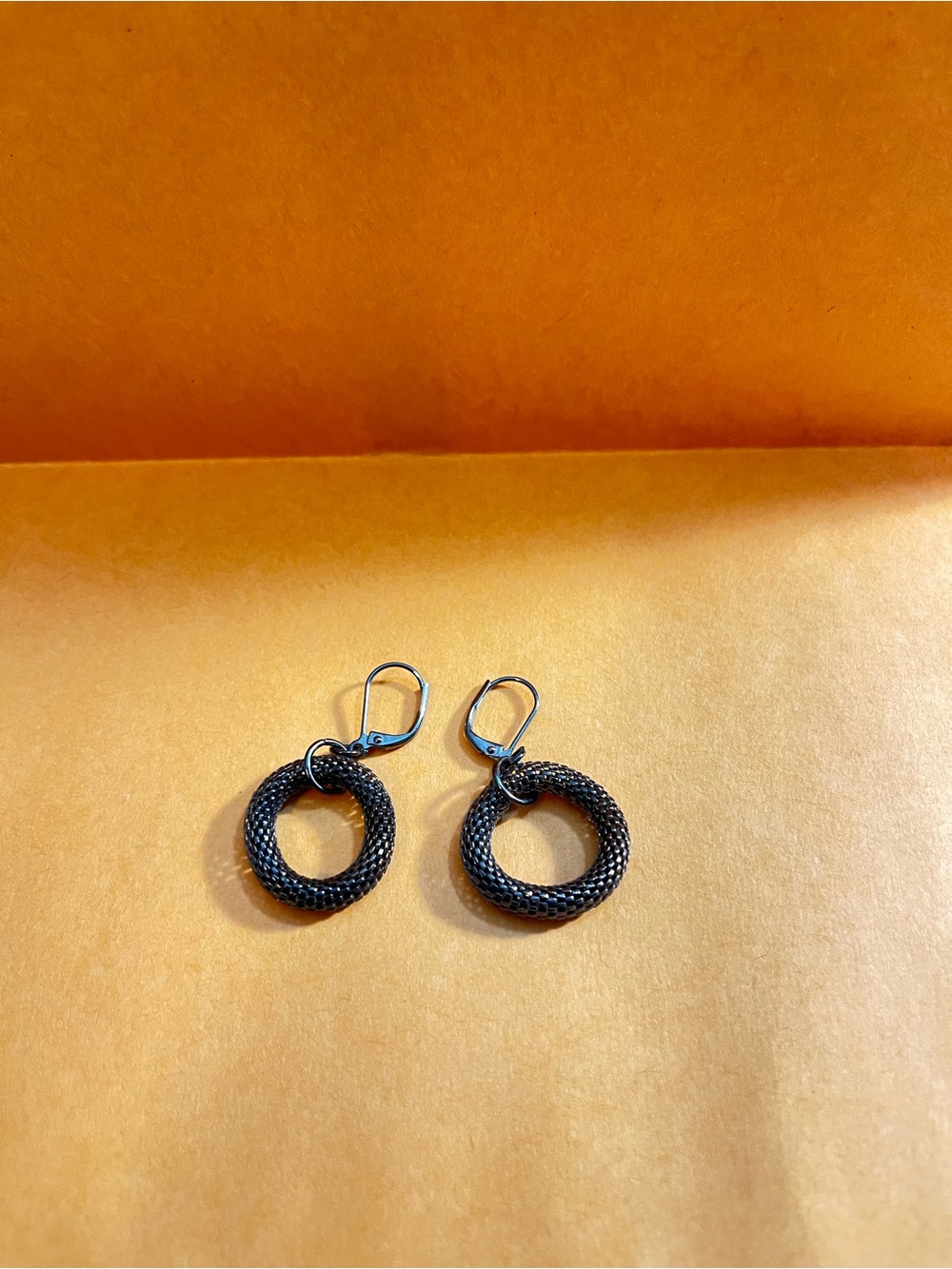 Textured Black Hoop Drop Earrings with Lever-Backs